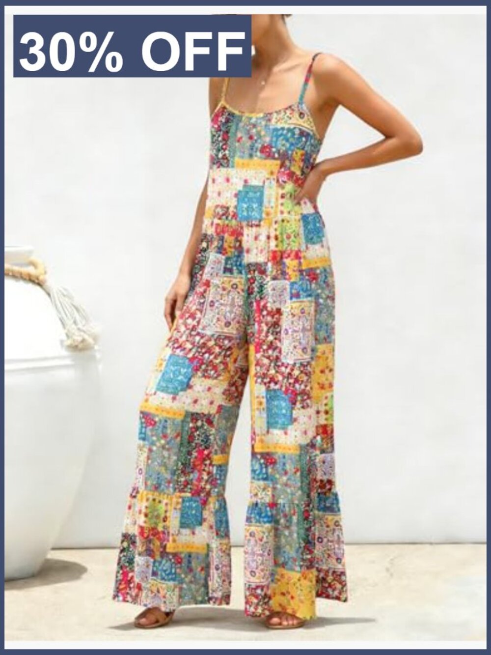 Boho Floral Patchwork Wide Leg Overalls - Sleeveless Romper with Pockets - Picture 3 of 7